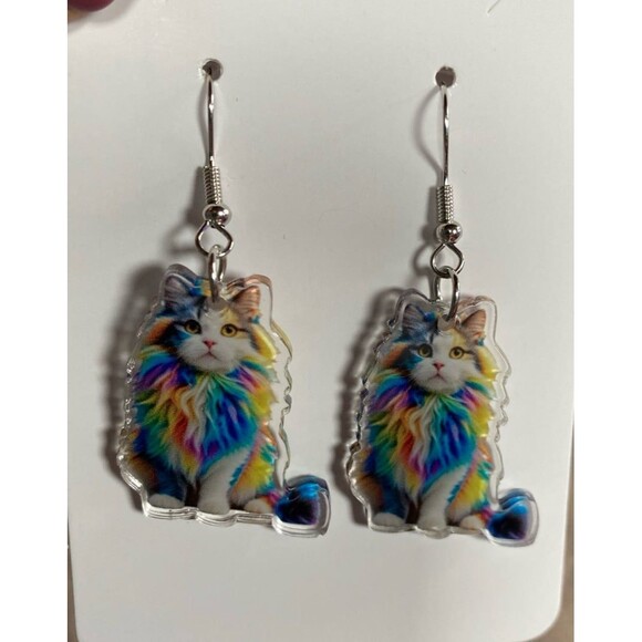 Earrings Rainbow Calico Cat Dangle Whimsical Drop Statement Jewelry Unique Kitty - Picture 1 of 6